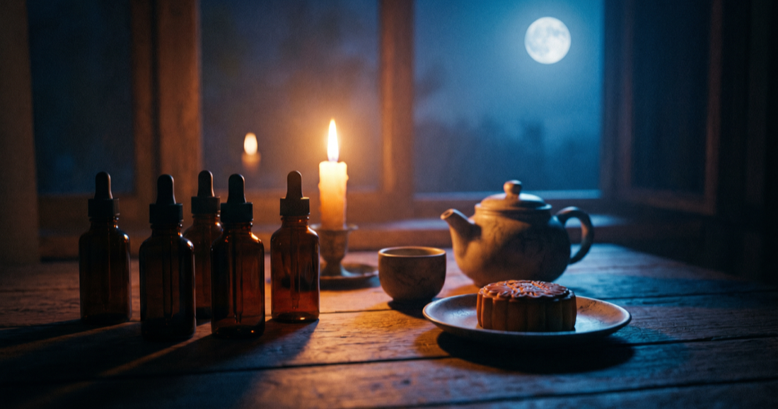 MORENE 中秋月光儀式｜月夜窗邊的琥珀精油瓶、茶與滿月 · Moonlight of Mid-Autumn